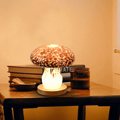 Modern Art Deco Rechargeable Glass & Wood Mushroom LED Table Lamp Night Light For Bedroom