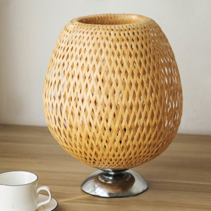 Traditional Japanese Weaving Bamboo Wood & Metal Oval 1-Light Table Lamp For Bedroom & Dining Room