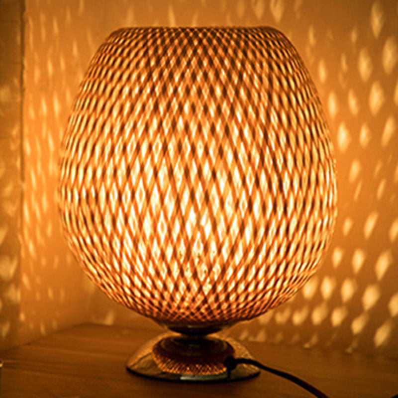 Traditional Japanese Weaving Bamboo Wood & Metal Oval 1-Light Table Lamp For Bedroom & Dining Room