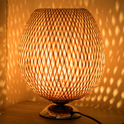 Traditional Japanese Weaving Bamboo Wood & Metal Oval 1-Light Table Lamp For Bedroom & Dining Room