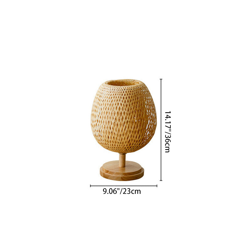 Traditional Japanese Weaving Bamboo Wood & Metal Oval 1-Light Table Lamp For Bedroom & Dining Room
