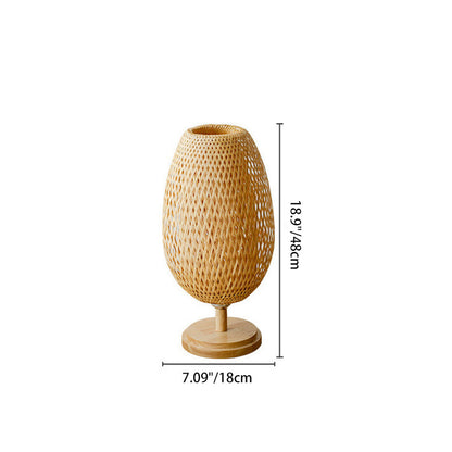 Traditional Japanese Weaving Bamboo Wood & Metal Oval 1-Light Table Lamp For Bedroom & Dining Room