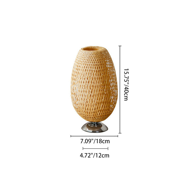 Traditional Japanese Weaving Bamboo Wood & Metal Oval 1-Light Table Lamp For Bedroom & Dining Room