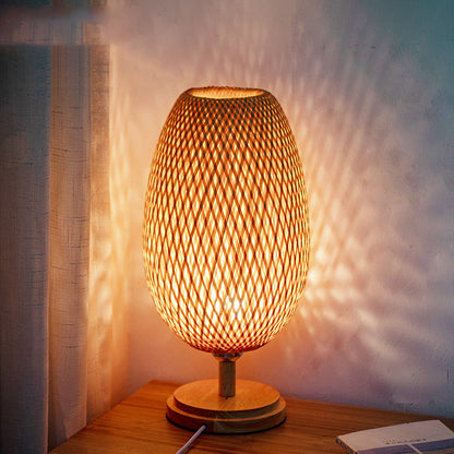 Traditional Japanese Weaving Bamboo Wood & Metal Oval 1-Light Table Lamp For Bedroom & Dining Room