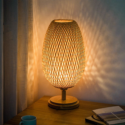 Traditional Japanese Weaving Bamboo Wood & Metal Oval 1-Light Table Lamp For Bedroom & Dining Room