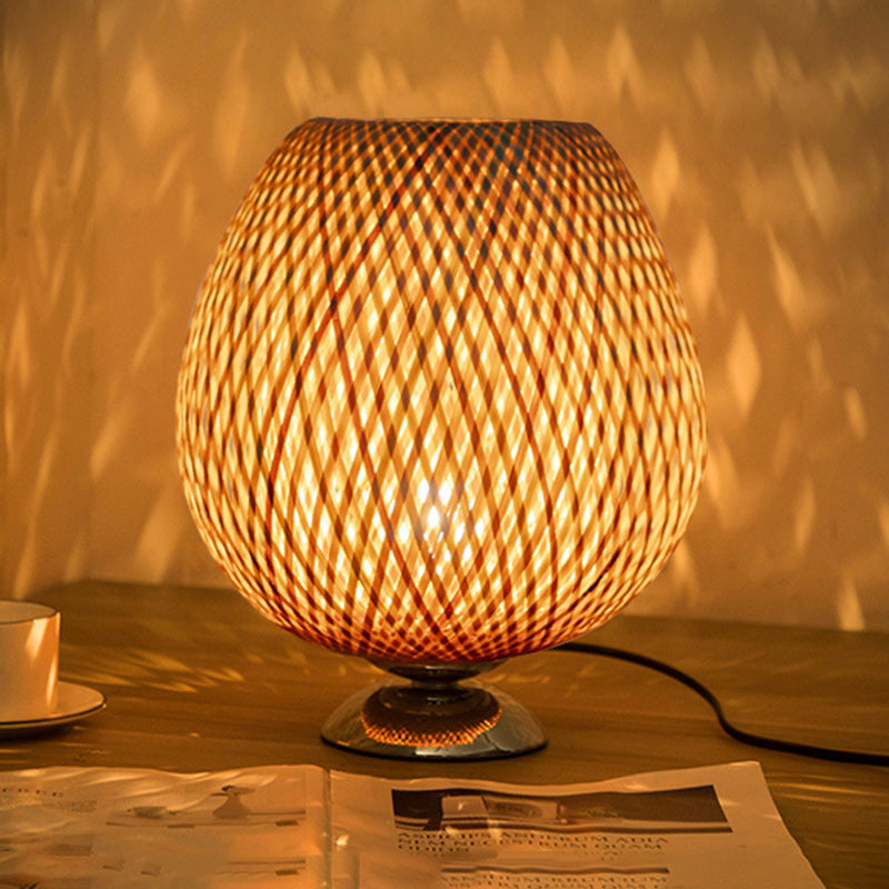 Traditional Japanese Weaving Bamboo Wood & Metal Oval 1-Light Table Lamp For Bedroom & Dining Room