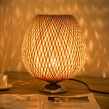 Traditional Japanese Weaving Bamboo Wood & Metal Oval 1-Light Table Lamp For Bedroom & Dining Room