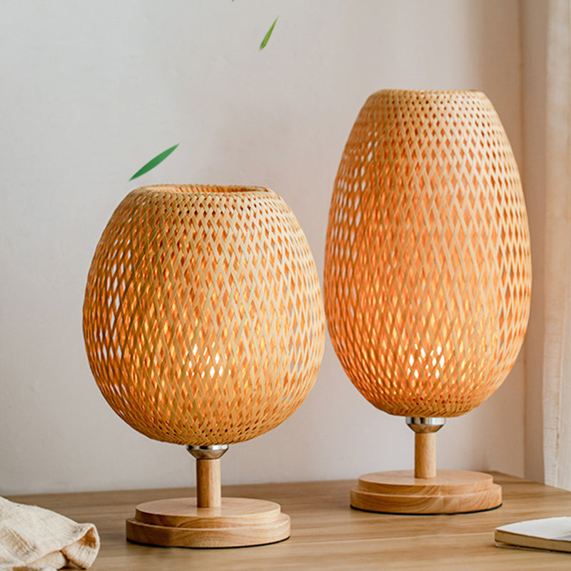 Traditional Japanese Weaving Bamboo Wood & Metal Oval 1-Light Table Lamp For Bedroom & Dining Room