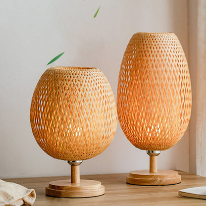Traditional Japanese Weaving Bamboo Wood & Metal Oval 1-Light Table Lamp For Bedroom & Dining Room