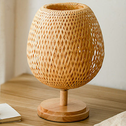 Traditional Japanese Weaving Bamboo Wood & Metal Oval 1-Light Table Lamp For Bedroom & Dining Room