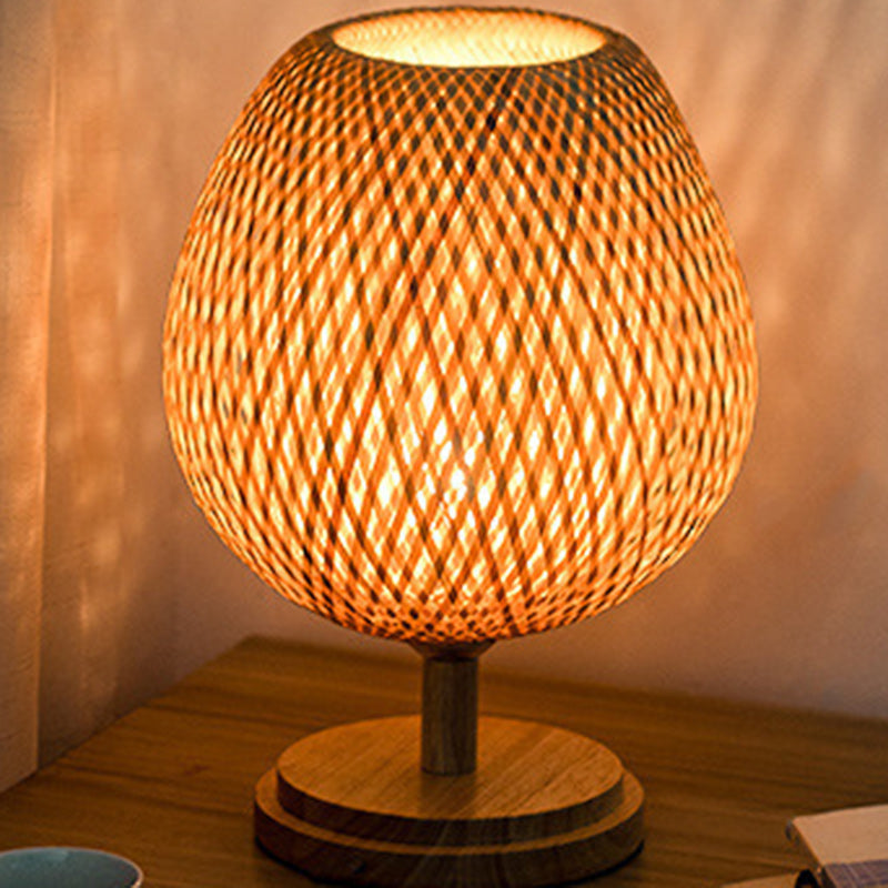 Traditional Japanese Weaving Bamboo Wood & Metal Oval 1-Light Table Lamp For Bedroom & Dining Room
