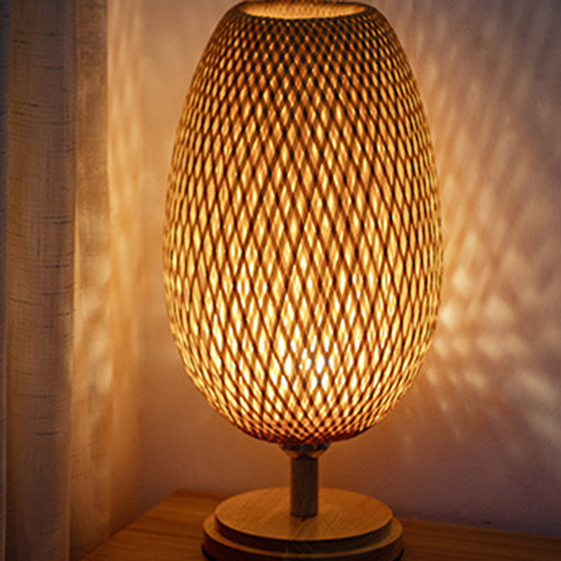 Traditional Japanese Weaving Bamboo Wood & Metal Oval 1-Light Table Lamp For Bedroom & Dining Room