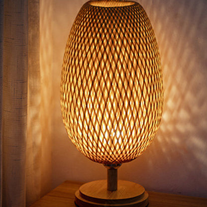 Traditional Japanese Weaving Bamboo Wood & Metal Oval 1-Light Table Lamp For Bedroom & Dining Room