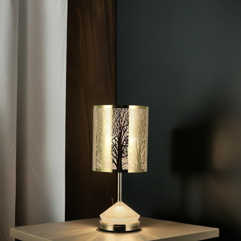 Modern Transitional Metal Stainless Steel & Acrylic Pillar With Forest Roman Pattern 1-Light LED Table Lamp For Bedroom & Study