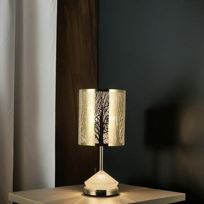 Modern Transitional Metal Stainless Steel & Acrylic Pillar With Forest Roman Pattern 1-Light LED Table Lamp For Bedroom & Study