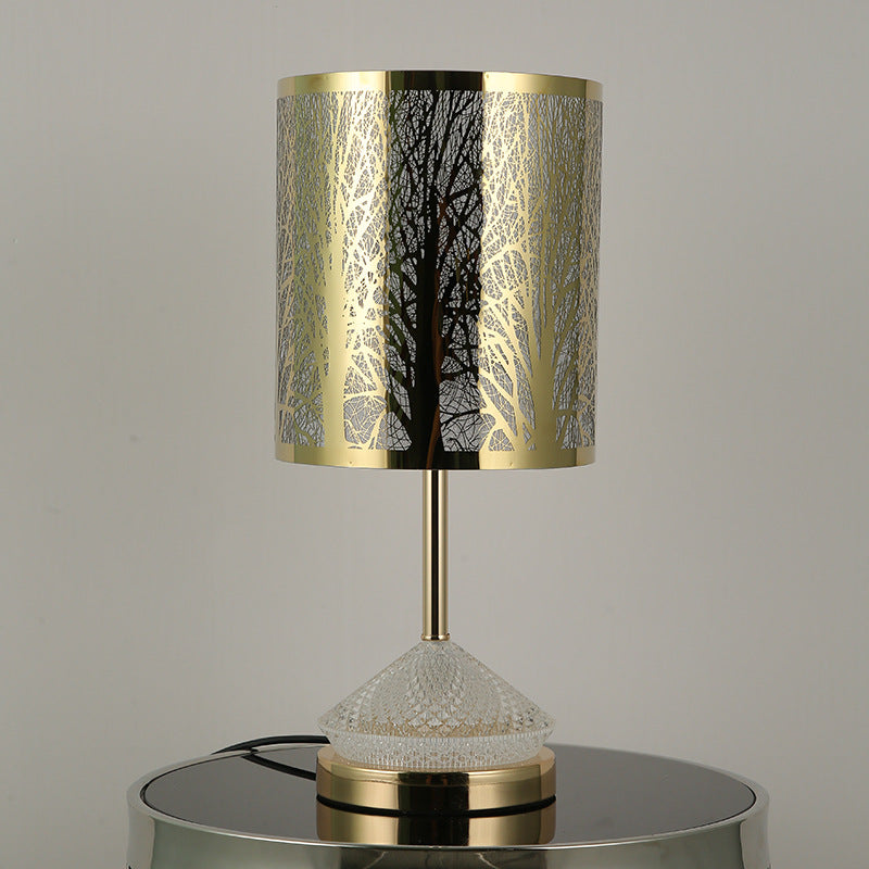 Modern Transitional Metal Stainless Steel & Acrylic Pillar With Forest Roman Pattern 1-Light LED Table Lamp For Bedroom & Study