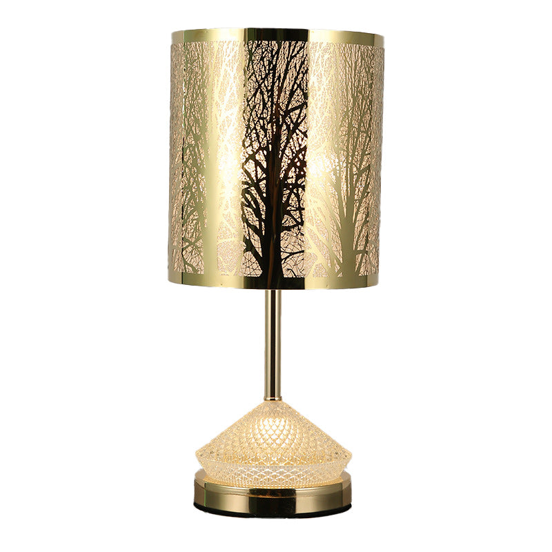 Modern Transitional Metal Stainless Steel & Acrylic Pillar With Forest Roman Pattern 1-Light LED Table Lamp For Bedroom & Study