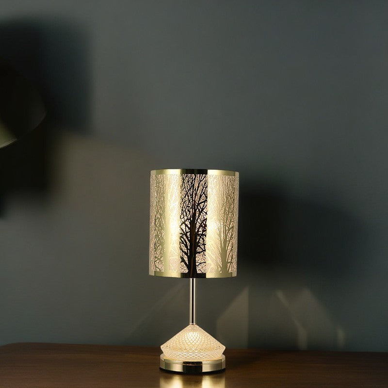 Modern Transitional Metal Stainless Steel & Acrylic Pillar With Forest Roman Pattern 1-Light LED Table Lamp For Bedroom & Study