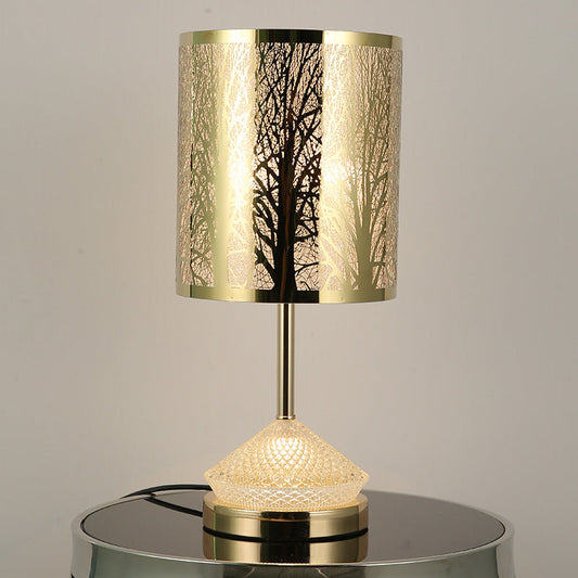 Modern Transitional Metal Stainless Steel & Acrylic Pillar With Forest Roman Pattern 1-Light LED Table Lamp For Bedroom & Study