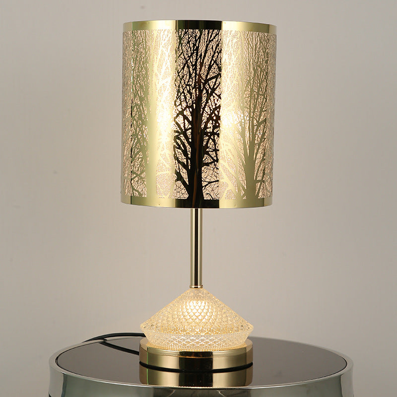 Modern Transitional Metal Stainless Steel & Acrylic Pillar With Forest Roman Pattern 1-Light LED Table Lamp For Bedroom & Study