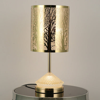 Modern Transitional Metal Stainless Steel & Acrylic Pillar With Forest Roman Pattern 1-Light LED Table Lamp For Bedroom & Study