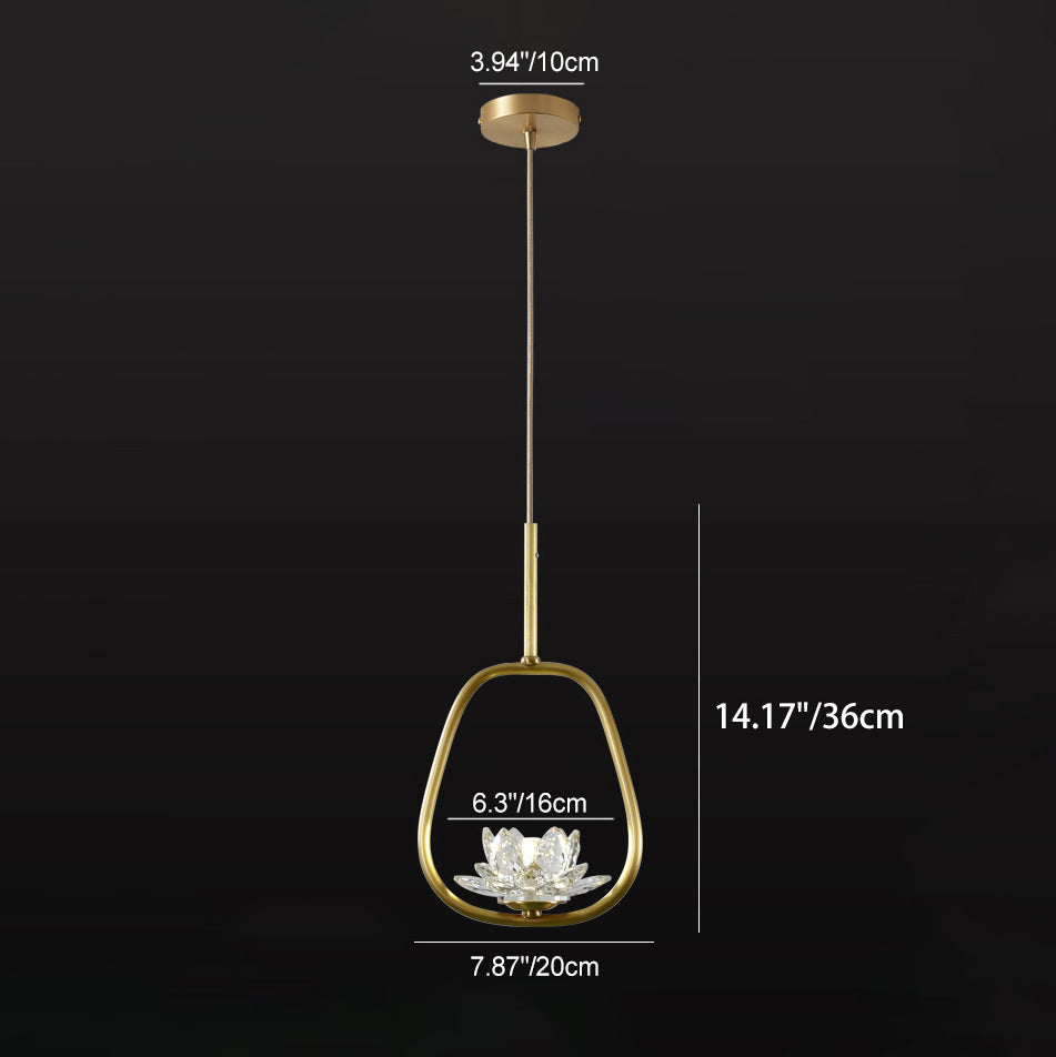 Traditional Chinese Brass & Crystal Lotus Oval 1-Light Pendant Light For Bedroom & Dining Room