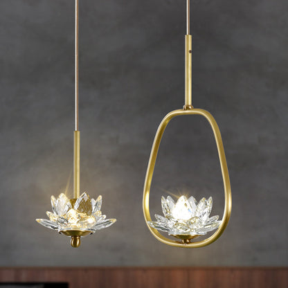 Traditional Chinese Brass & Crystal Lotus Oval 1-Light Pendant Light For Bedroom & Dining Room