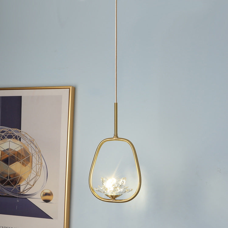 Traditional Chinese Brass & Crystal Lotus Oval 1-Light Pendant Light For Bedroom & Dining Room