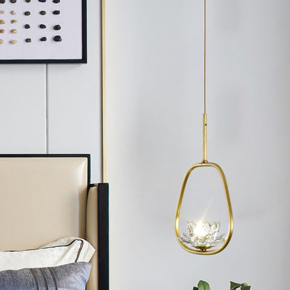Traditional Chinese Brass & Crystal Lotus Oval 1-Light Pendant Light For Bedroom & Dining Room