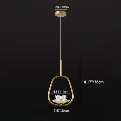 Traditional Chinese Brass & Crystal Lotus Oval 1-Light Pendant Light For Bedroom & Dining Room