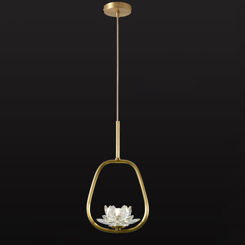 Traditional Chinese Brass & Crystal Lotus Oval 1-Light Pendant Light For Bedroom & Dining Room