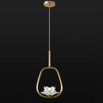 Traditional Chinese Brass & Crystal Lotus Oval 1-Light Pendant Light For Bedroom & Dining Room