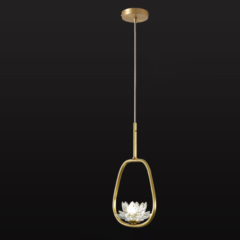 Traditional Chinese Brass & Crystal Lotus Oval 1-Light Pendant Light For Bedroom & Dining Room