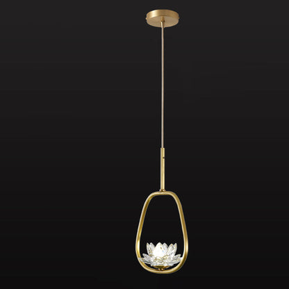 Traditional Chinese Brass & Crystal Lotus Oval 1-Light Pendant Light For Bedroom & Dining Room