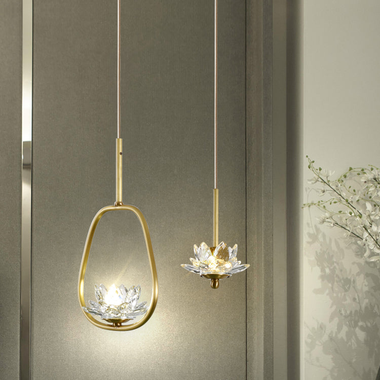 Traditional Chinese Brass & Crystal Lotus Oval 1-Light Pendant Light For Bedroom & Dining Room