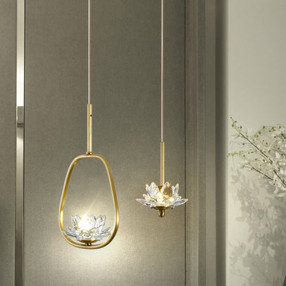 Traditional Chinese Brass & Crystal Lotus Oval 1-Light Pendant Light For Bedroom & Dining Room