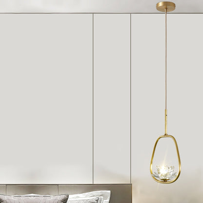 Traditional Chinese Brass & Crystal Lotus Oval 1-Light Pendant Light For Bedroom & Dining Room