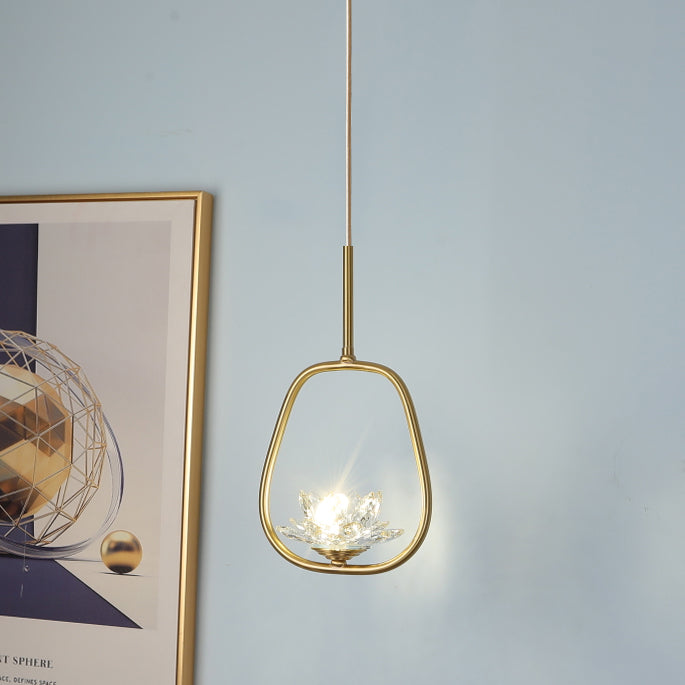 Traditional Chinese Brass & Crystal Lotus Oval 1-Light Pendant Light For Bedroom & Dining Room