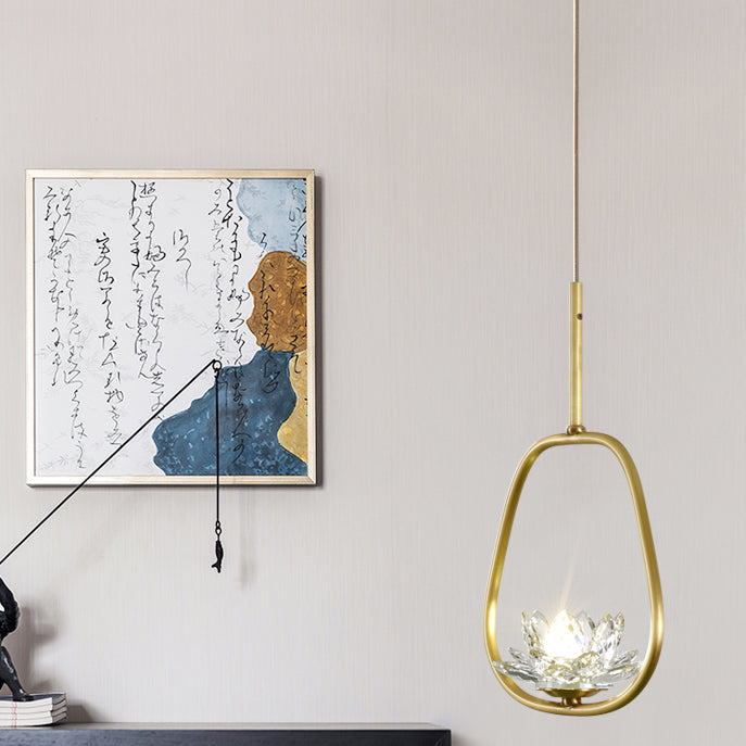 Traditional Chinese Brass & Crystal Lotus Oval 1-Light Pendant Light For Bedroom & Dining Room