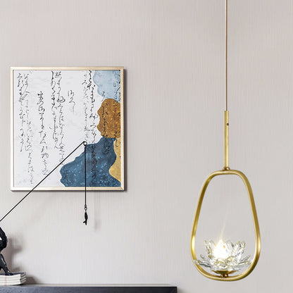 Traditional Chinese Brass & Crystal Lotus Oval 1-Light Pendant Light For Bedroom & Dining Room