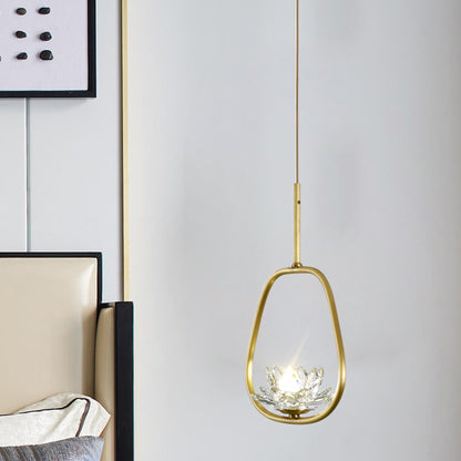 Traditional Chinese Brass & Crystal Lotus Oval 1-Light Pendant Light For Bedroom & Dining Room