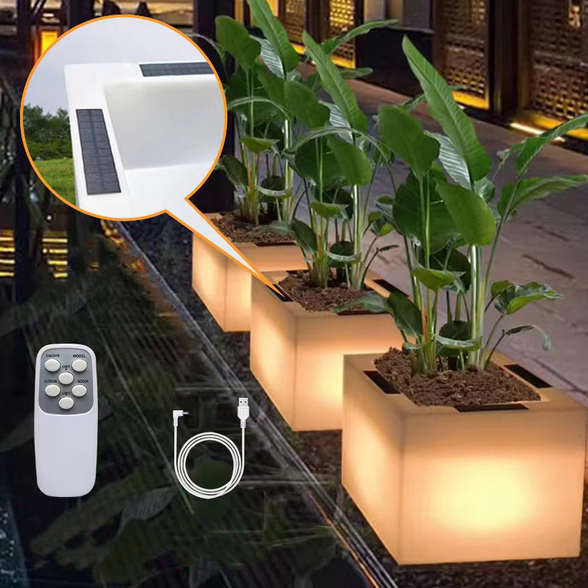 Modern Art Deco Solar Waterproof PE Square Planter LED Outdoor Light Landscape Lighting For Garden & Outdoor Patio