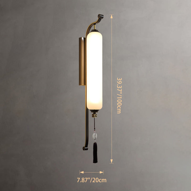 Traditional Chinese Brass Glass Jade Tassel Decoration Column LED Wall Sconce Lamp For Bedside And Living Room