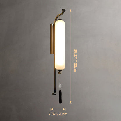 Traditional Chinese Brass Glass Jade Tassel Decoration Column LED Wall Sconce Lamp For Bedside And Living Room