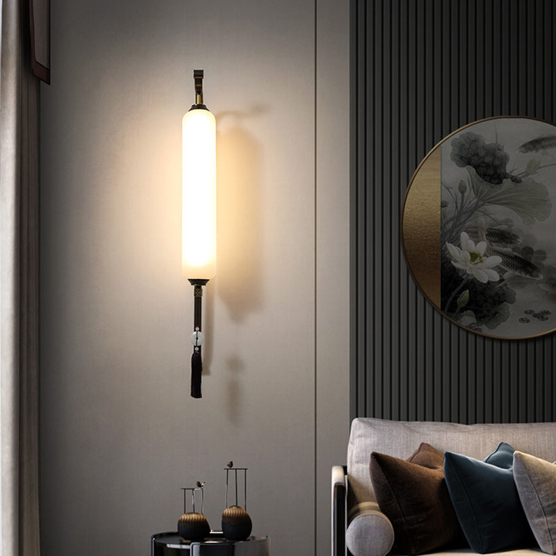 Traditional Chinese Brass Glass Jade Tassel Decoration Column LED Wall Sconce Lamp For Bedside And Living Room