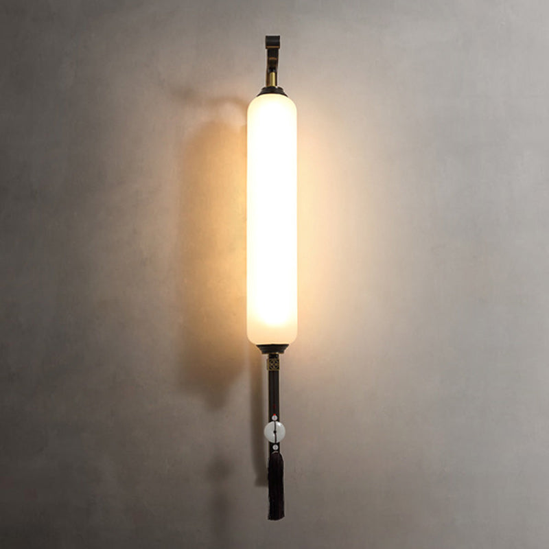 Traditional Chinese Brass Glass Jade Tassel Decoration Column LED Wall Sconce Lamp For Bedside And Living Room