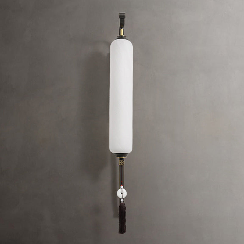 Traditional Chinese Brass Glass Jade Tassel Decoration Column LED Wall Sconce Lamp For Bedside And Living Room