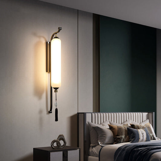 Traditional Chinese Brass Glass Jade Tassel Decoration Column LED Wall Sconce Lamp For Bedside And Living Room