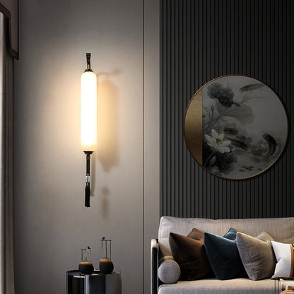 Traditional Chinese Brass Glass Jade Tassel Decoration Column LED Wall Sconce Lamp For Bedside And Living Room
