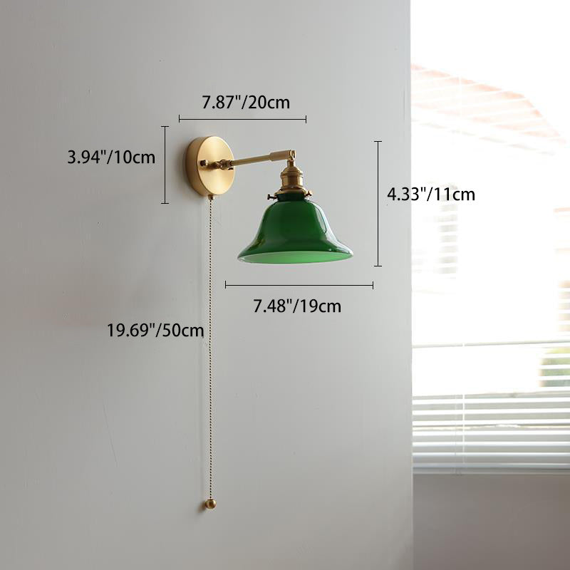Contemporary Retro Brass Walnut Glass Bell-Shaped Pull Switch 1-Light Hanging Wall Sconce Lamp For Bedroom